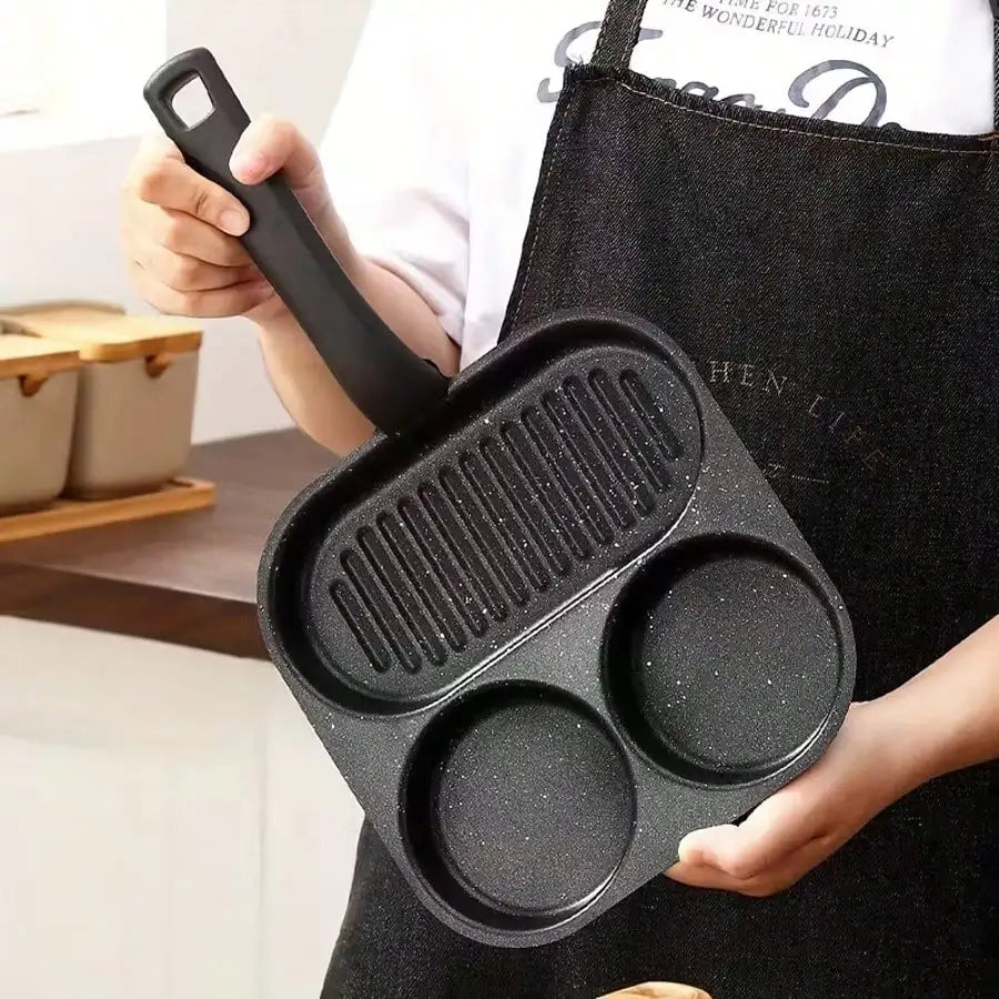 3-In-1 Cast Iron Frying Pan, Non Stick Surface, Three Cooking Zones, Easy To Clean. Suitable For Eggs, Pancakes, Bacon, Hamburgers - Compatible With All Stoves, Durable Kitchen Supplies, Multifunctional Cookware