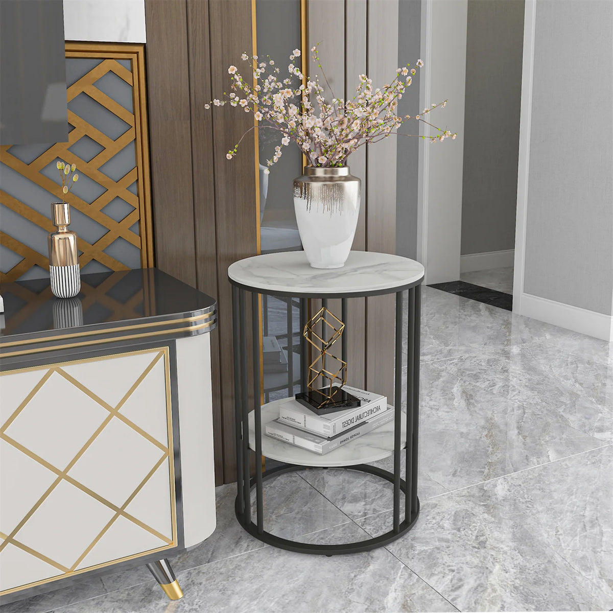 Wisfor Modern Round Sintered Stone End Table With Metal Frame