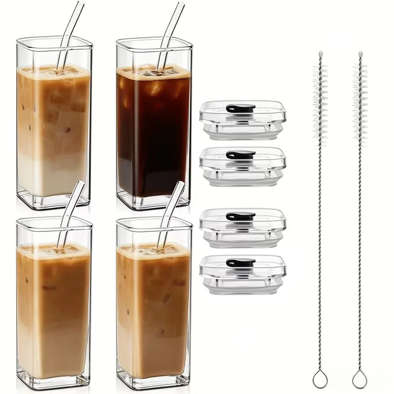 Square Heat Resistant Glass Coffee Mugs With Lids And Straws