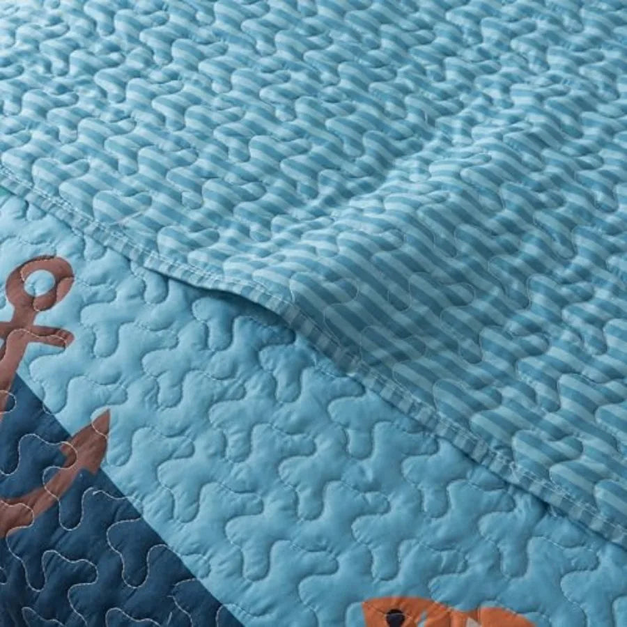 Ocean Quilt Set and 2 Shams Lightweight Quilted Sea Bedding for Coastal Nautical Comforter with Fish and Shark Design Fish Beds