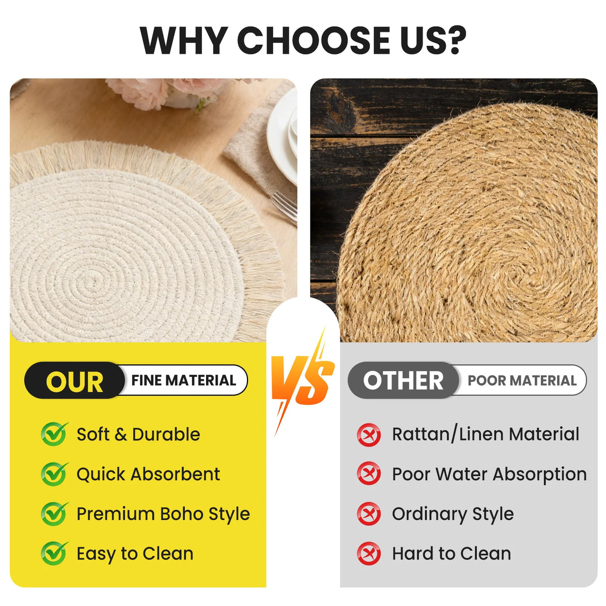 Round Cotton Rope Placemats Set of 8, 34cm Natural Boho Table Mats with Tassel, Heat Resistant Non-Slip Washable Woven Place Mats for Dining Table, Kitchen and Party