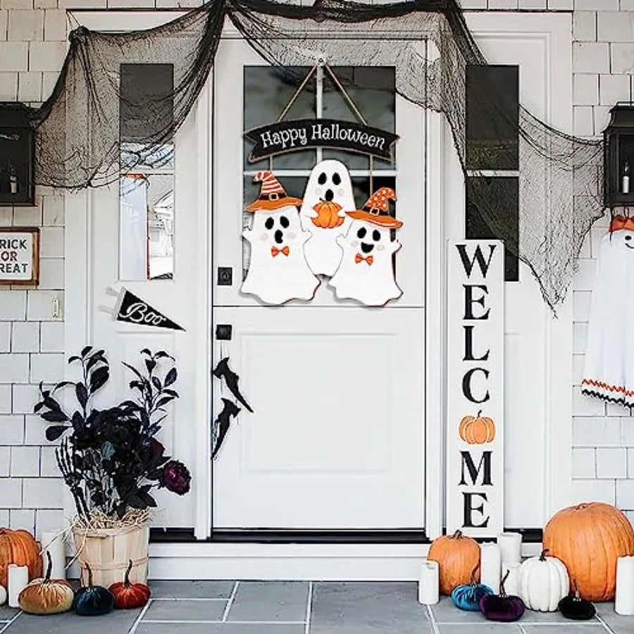 Halloween Ghost Door Sign BOO Decorations, Happy Halloween Wooden Ghost Hanging Sign for Front Door Hanger Wreath Decor, Hallow