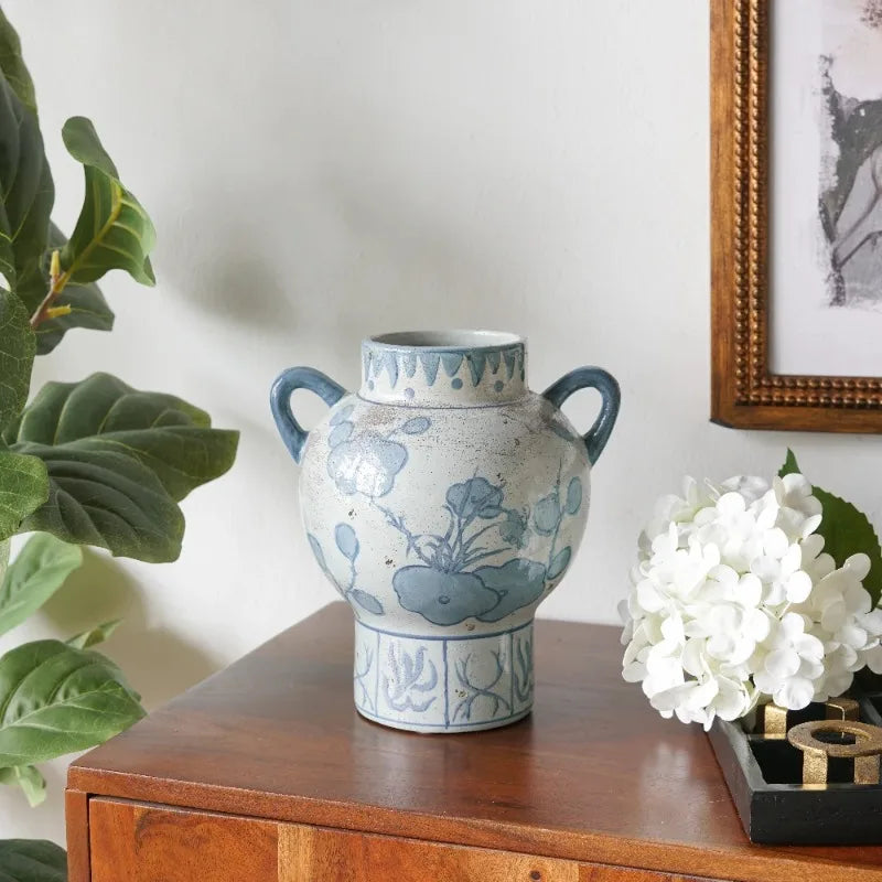 8.7x7.2x9.4" Blue White Ceramic Vase with Abstract Floral Bottle Pattern Handles Table Decorations Homestay Balcony MHHP