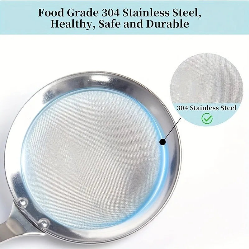 Deep Fine Mesh Strainer Skimmer304Stainless Steel Cooking Spoon,Oil Skimmer&Strainer with Heat Resistant Handle,Dishwasher Safe