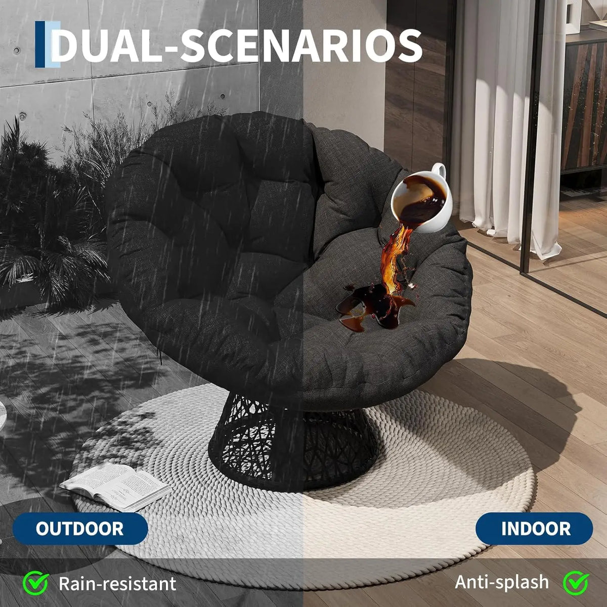 HiMISS Wicker Papasan Chair With Metal Swivel Base And Cushion
