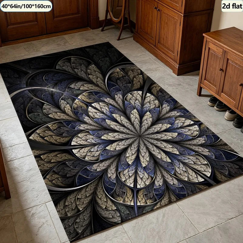 Dark Luxury Fractal Floral Carpet Flooring, Abstract Mandala Swirl Art Area Rug Anti-Slip Floor Mat for Office Villa Living Room Home Decoration