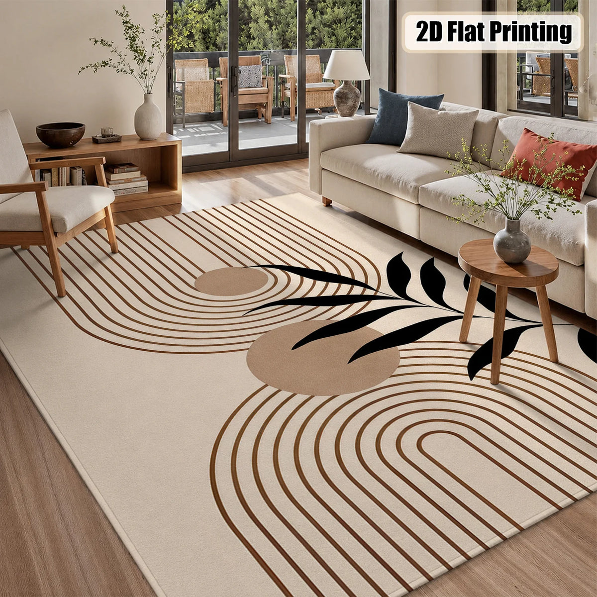 Large Indoor Area Rug, Soft Velvet Low Pile Rug with Non-Slip Dotted Backing, Machine Washable Modern Abstract Line & Black Leaf Pattern Neutral Beige Floor Mat for Living Room, Bedroom