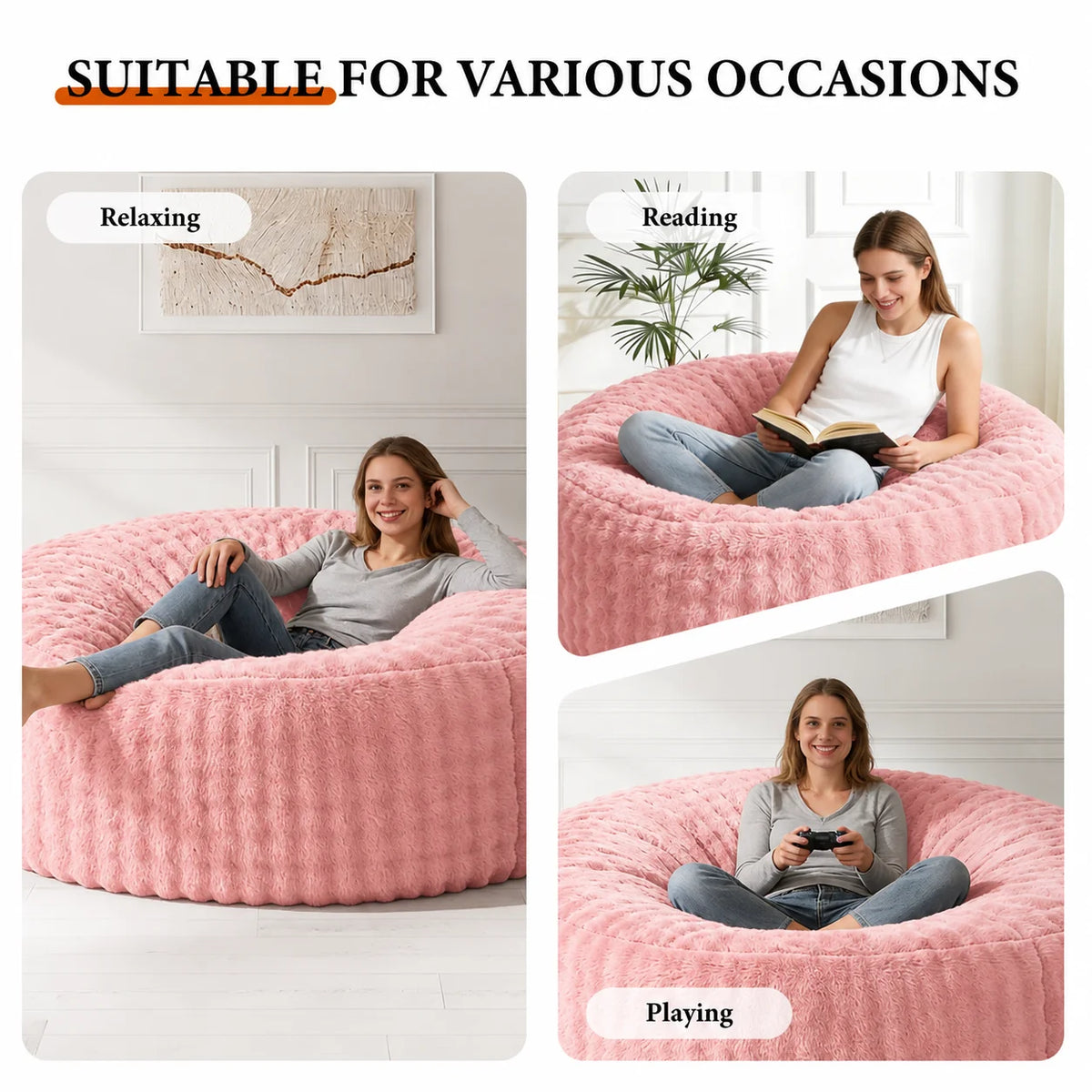 6FT Oversized Fluffy Faux Rabbit Fur Bean Bag Chair with High Density Sponge Filling, No Assembly Compressed Floor Sofa, Non-Slip Base Giant Round Lazy Couch for Adults