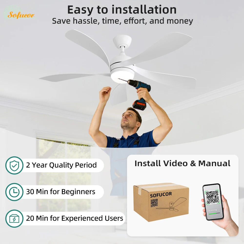Sofucor 52-Inch 5 Blade Ceiling Fan With LED DC 6-Speed High Wind Speed With Remote Control for rooms