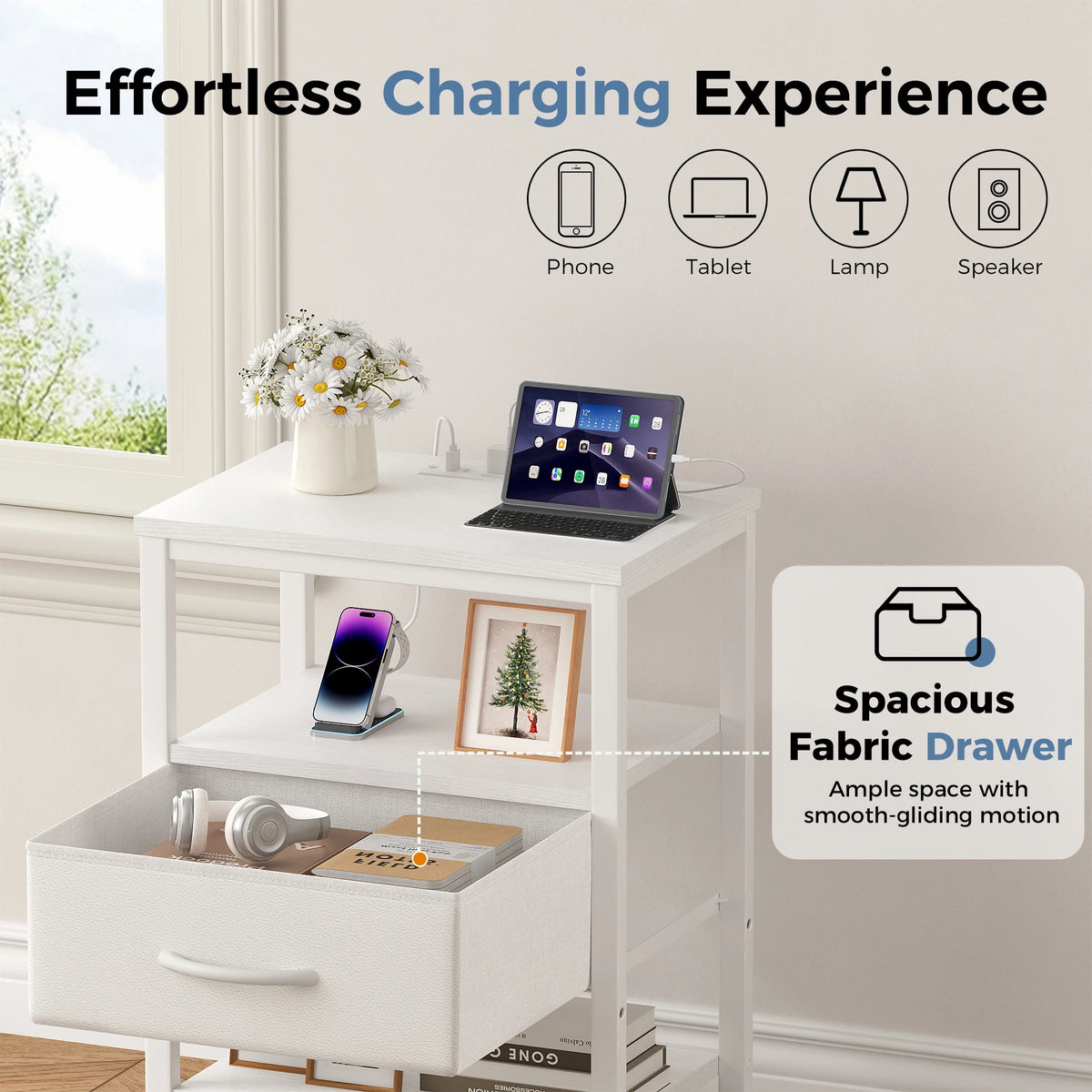 JHK 3-Tier Nightstand Set of 2 with Wireless Charging Station Bedside Tables with Adjustable Fabric Drawers Storage Open Shelf