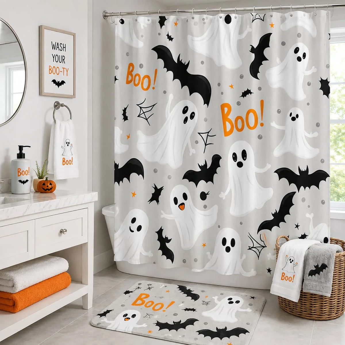 A Single Whimsical Halloween Shower Curtain Featuring a Seamless Design of White Ghosts with Black Eyes And Mouths, Along with Flying And Standing Black Bats
