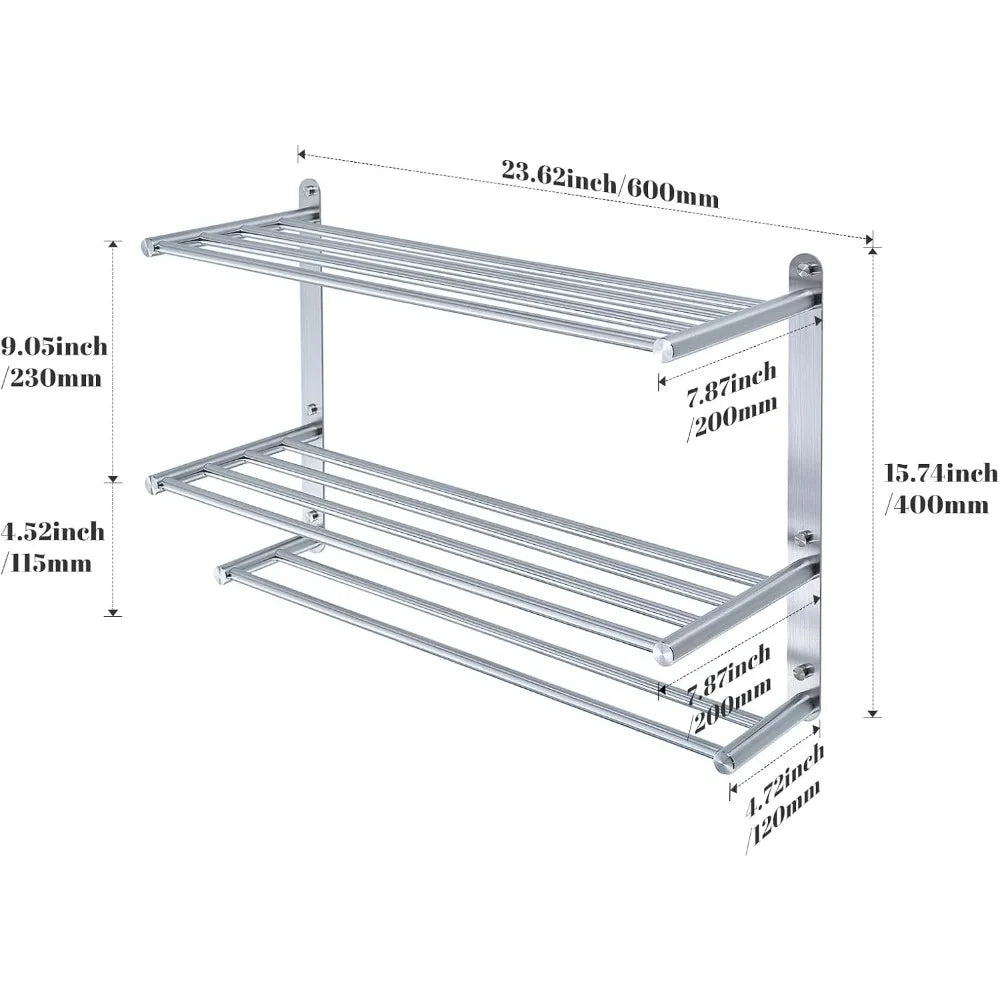 Bathroom Towel Rack with 24-Inch Multilayer Hotel Racks 304 Stainless Steel Towel Bar Shelf Wall-Mounted Brushed Finish Bar with