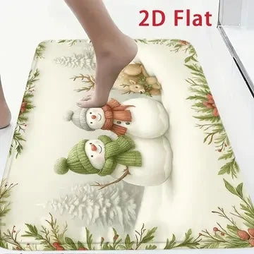 Christmas Snowman Deer Bathroom Mat Set, 2D Flat Non Slip Bath Rug with Toilet Seat Cover, Winter Holiday Bathroom Decor