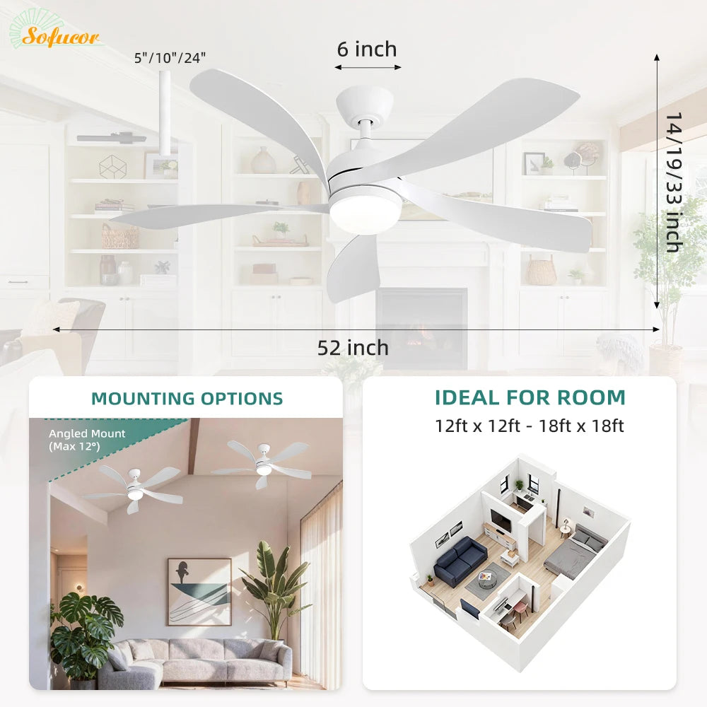 Sofucor 52-Inch 5 Blade Ceiling Fan With LED DC 6-Speed High Wind Speed With Remote Control for rooms