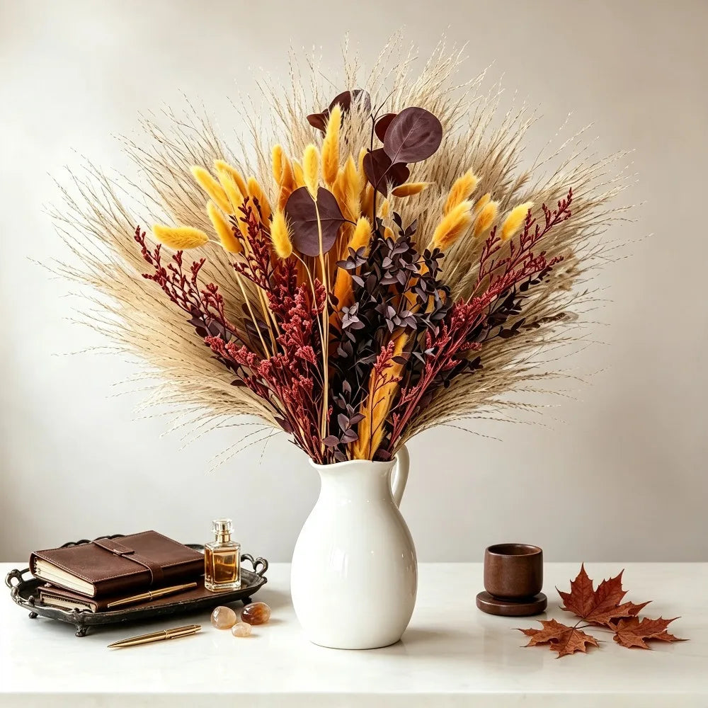 Autumn Dried Flower Bouquet, Pampas Grass, Bunny Tails Grass, Limonium, Eucalyptus Leaves, Natural Dried Floral Vase Filler, Farmhouse Home Table Decor, Christmas Valentine's Day Thanksgiving Wedding Party Decoration, Gift fo