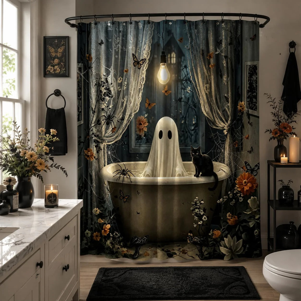 2D Flat, 1pc Shower Curtain, Gothic 2D Shower Curtain for Bathrooms, Includes a High-Quality 70.87 X 70.87inch Shower Curtain And 12 Durable Hooks. Bathroom Decor And Additions, Local Warehouse Items