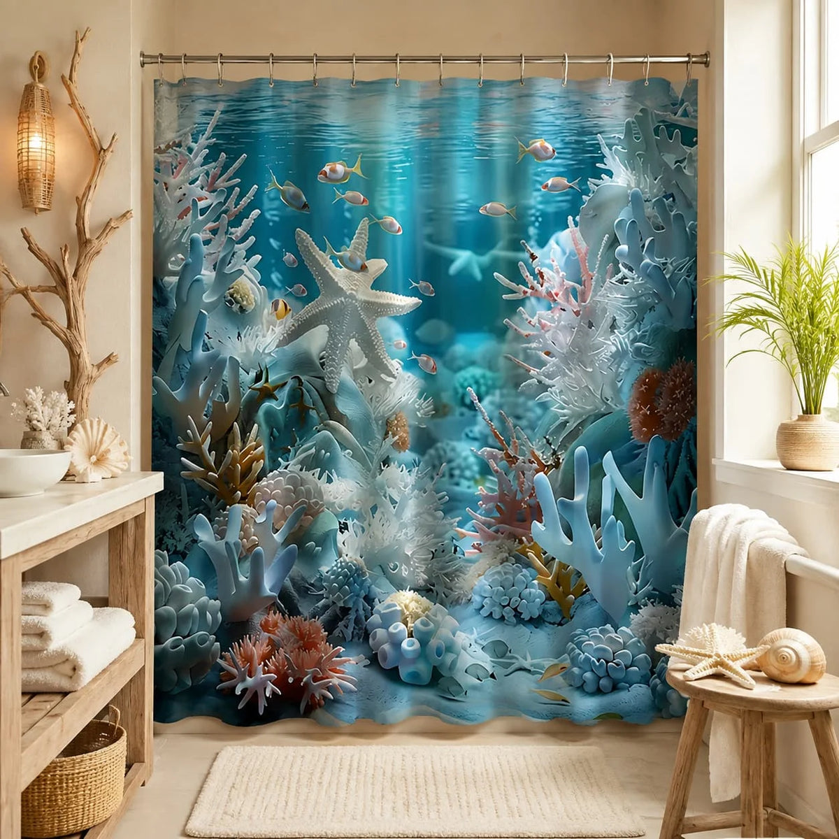 [Ocean Seashell Shower Curtain] 2 D Shower / Bath Curtain 1pc Ocean Seashell Starfish Coral Pattern Shower Curtain, Made of Durable Material, Multiple Sizes Available, Easy to Care For, with Hooks, Machine Washable, Perfect f