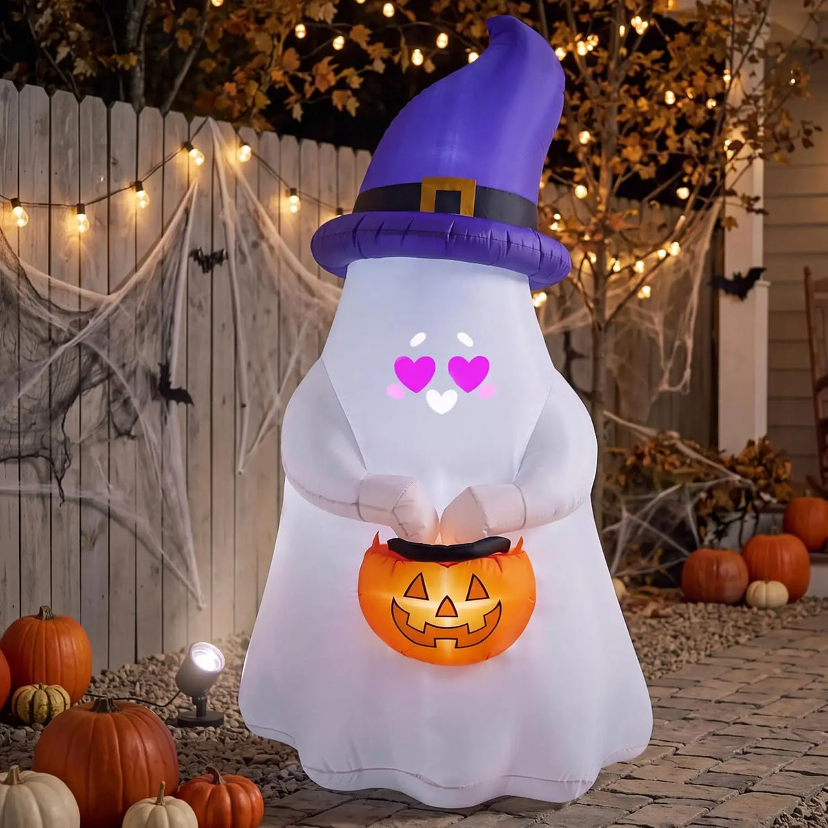 5FT Halloween Inflatable Witch Ghost Decor with Projector Face and Music Halloween Blow Up Yard Decoration with 8 Expressions Projection and Music Box for Party Outdoor Garden Lawn Decor