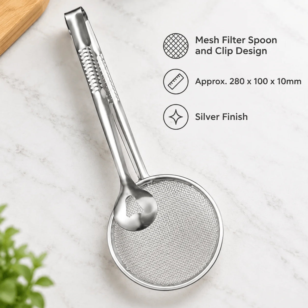 Stainless Steel Strainer Spoon Tongs, Mesh Filter Spoon and Clip Design, Approx. 280 x 100 x 10mm, Silver Finish, Approx. 40g, for Fried Food, Salads, Bread, Vegetables, Grilling and Kitchen Serving, approx. 280 x 100 x 10mm