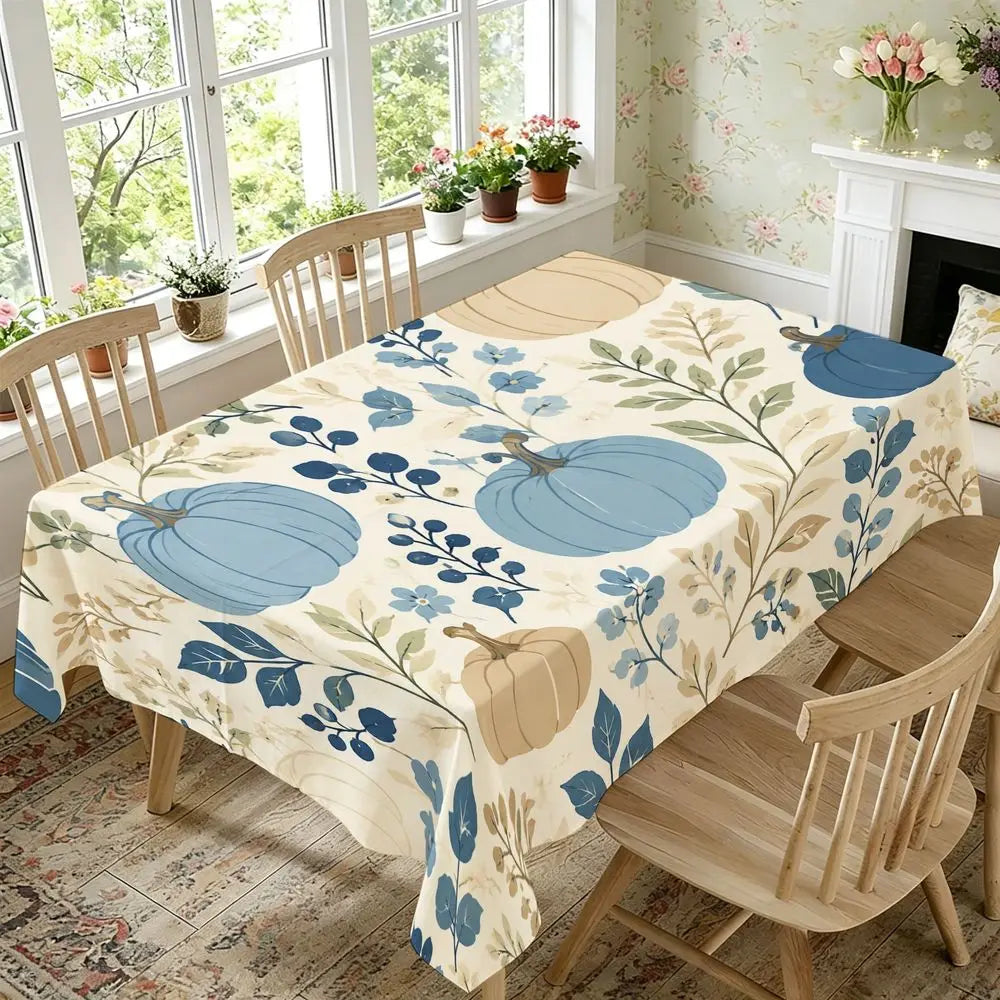 Fall Harvest Dining Tablecloth - Blue Pumpkins And Floral Pattern, Cream Farmhouse Style Decor, Durable Fabric, Rectangular, Suitable for Autumn Home Kitchen, Thanksgiving Dinner, Holiday Party, Dining Room Table Cover, Indoo