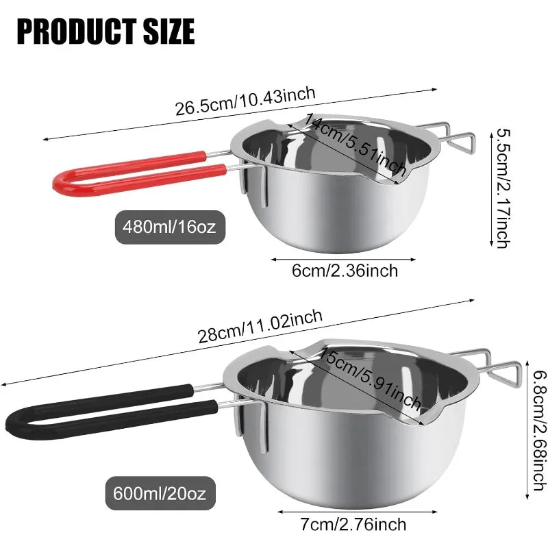304 Stainless Steel Double Boiler Set 16oz 20oz Melting Pot with Heat Resistant Handle for Chocolate Candle Soap Silicone Spatula Included