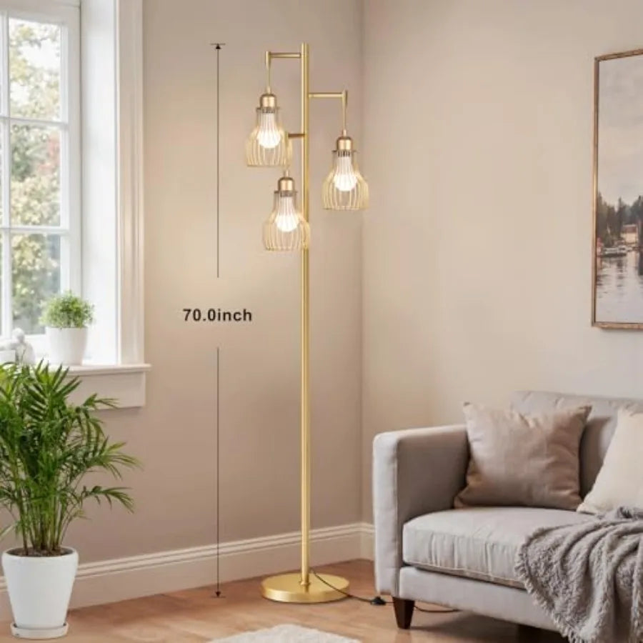 Dimmable Gold Floor Lamps for Living Room, Farmhouse Tree Standing Tall Lamp with Remote Control 3 Elegant Cage Shade LED Bulbs