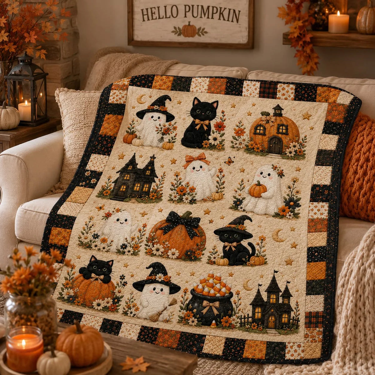 Halloween Quilt Blanket with Cute Black Cats, Pumpkins, Ghost, Witch Hat, Moon and Candles, Cozy Autumn Throw for Bed Sofa Room Decor