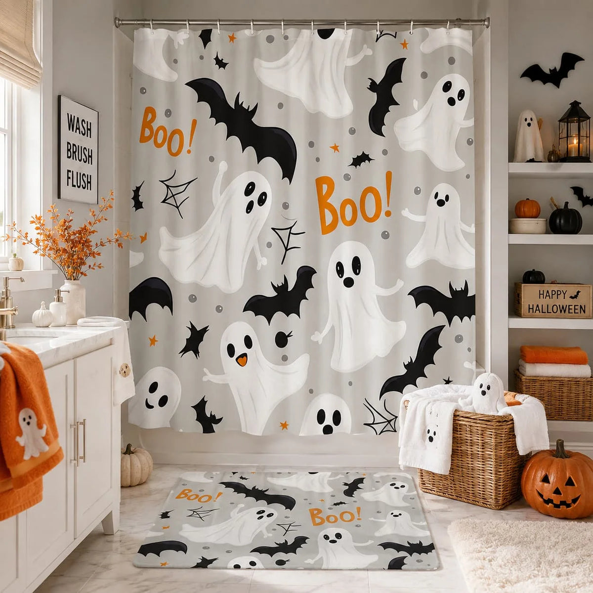 A Single Whimsical Halloween Shower Curtain Featuring a Seamless Design of White Ghosts with Black Eyes And Mouths, Along with Flying And Standing Black Bats