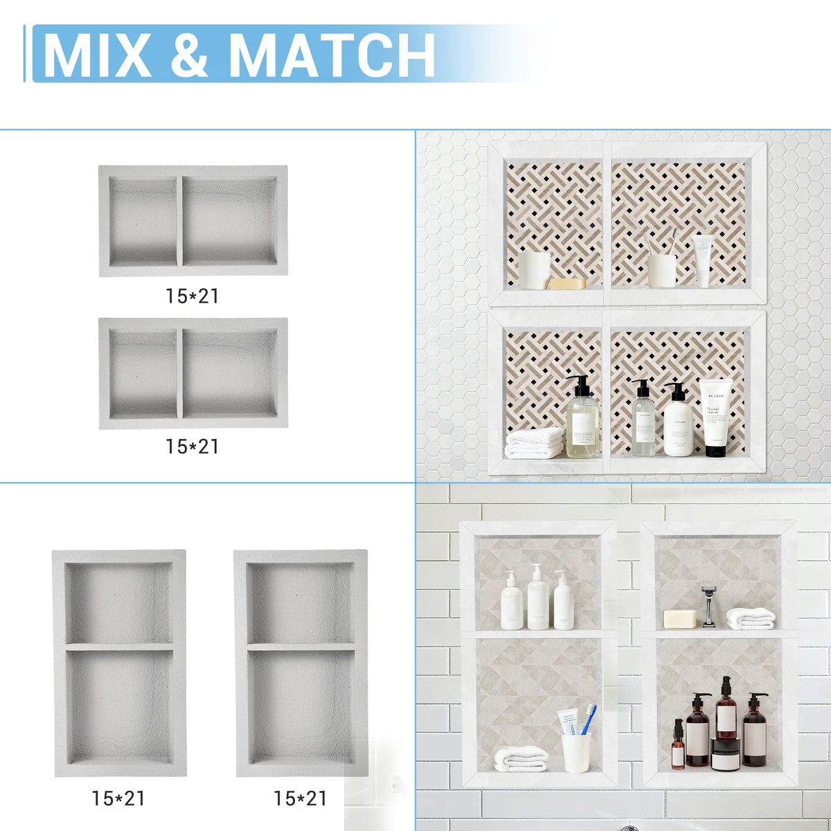 Ready Tile Double Shelf Shower Niche, 12" x 25.5" Shower Niche Ready for Tile, Modern Square Corners Wall-inserted Niche Recessed for Shower Bathroom