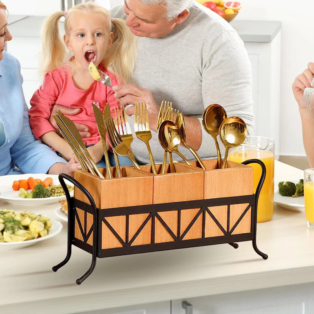 Garvee Home Waterproof Acacia Wood Utensil Holder for Kitchen – 3 Removable Compartments, Portable Handles – Countertop Flatware Organizer for Parties, BBQ, Home – Dark Brown, 34×9×15.5cm