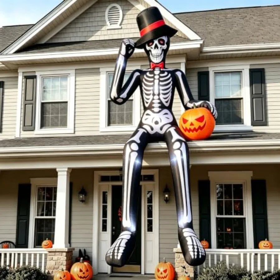 Halloween outdoor blow up decor: 12FT sitting skeleton with pumpkin, PVC material, black/white, built-in LEDs, quick inflation