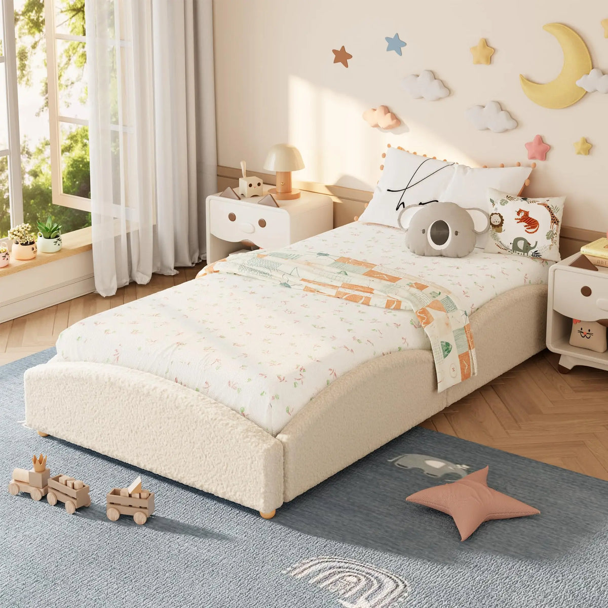 Cloud Design Upholstered Floor Bed for Kids – Soft Soft bear Fabric Low-Profile Daybed with Raised Sides, Educational method-style-inspired Platform Bed for Boys & Girls – Twin/Twin-XL, Pink/Light Grey/Beige
