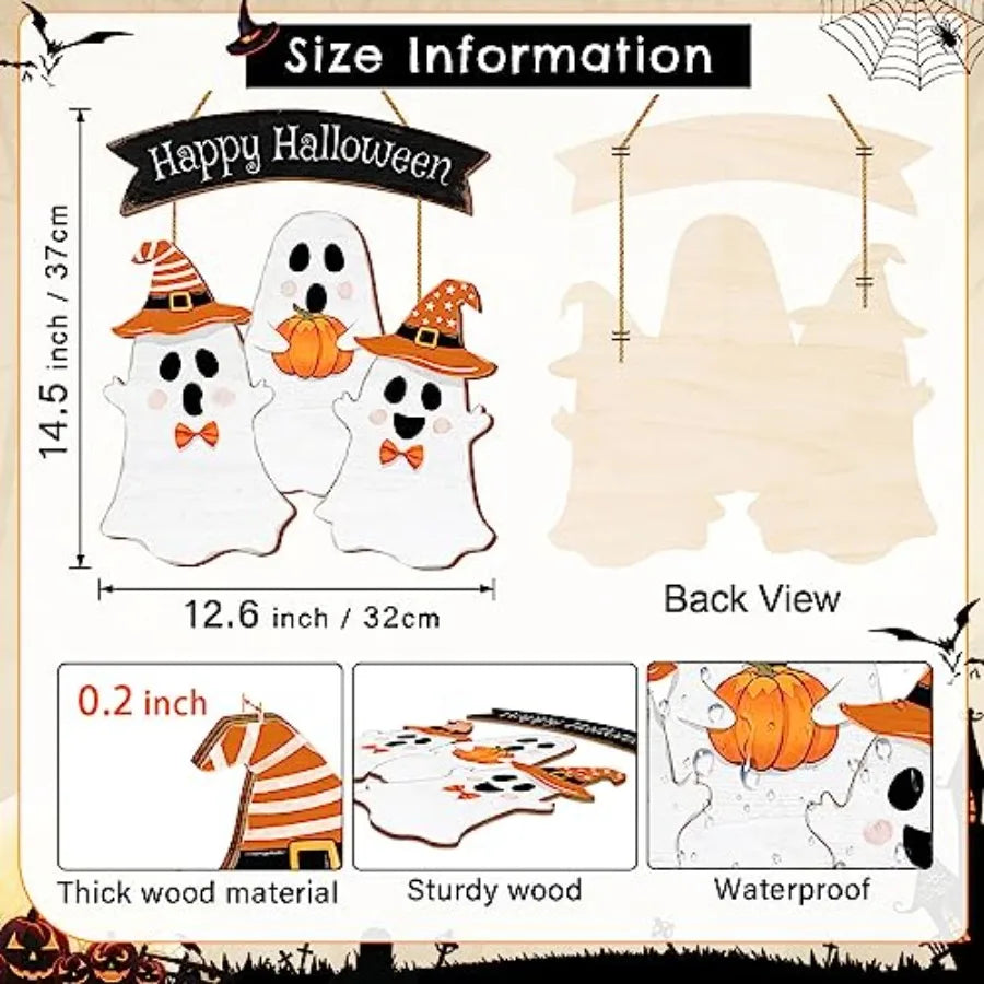 Halloween Ghost Door Sign BOO Decorations, Happy Halloween Wooden Ghost Hanging Sign for Front Door Hanger Wreath Decor, Hallow