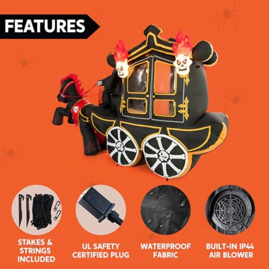 Outdoor Halloween inflatable carriage decoration, PVC material, black and red, 10 ft long with built-in LEDs and hellfire desig