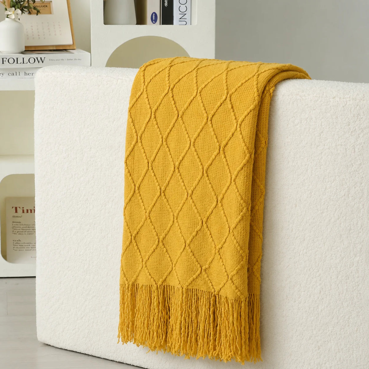 Light Khaki Diamond Cable Textured Knit Throw Blanket with Tassel Fringe, Soft Knitted Decorative Blanket, Lightweight Cozy Cover for Couch Sofa Bed, Boho Farmhouse Home Decor for Living Room Bedroom