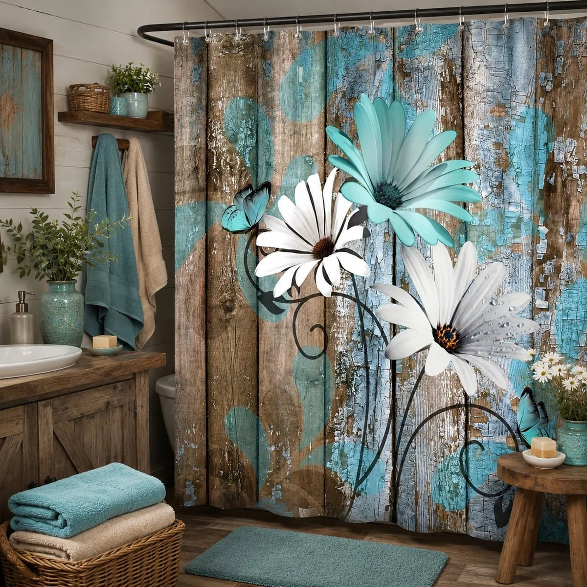 2D Flat, 2D Flat Banner 1pc 70.9X70.9Inch Farmhouse Flower Floral Shower Curtain, Rustic Teal Turquoise Daisy Shower Curtain, Country Blue Wild Garden Plant Fabric Shower Curtain with Hooks, Surreal Bathroom Curtain