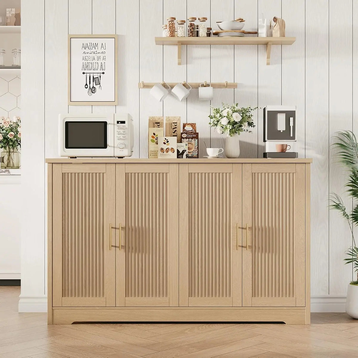HiMISS Fluted Sideboard Buffet Cabinet With Shelves And Wine Rack