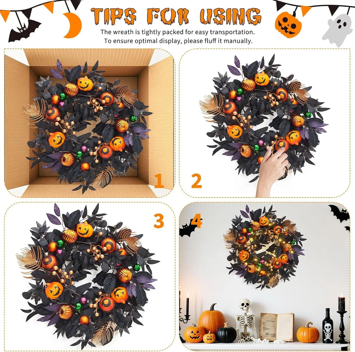 20" Halloween Pumpkin Wreath with 20 LED Lights, Ball Ornaments & Berries – Prelit Wreath for Front Door, Indoor Outdoor Window Hanging Decor
