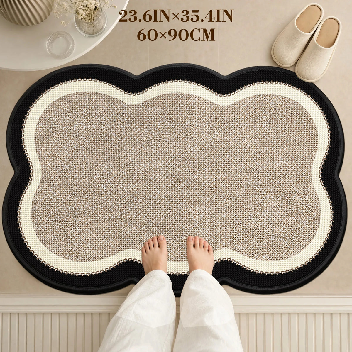 Wavy Scalloped Bathroom Rug, Imitation Linen Absorbent Non Slip Bath Mat for Shower Room, Entryway Decor