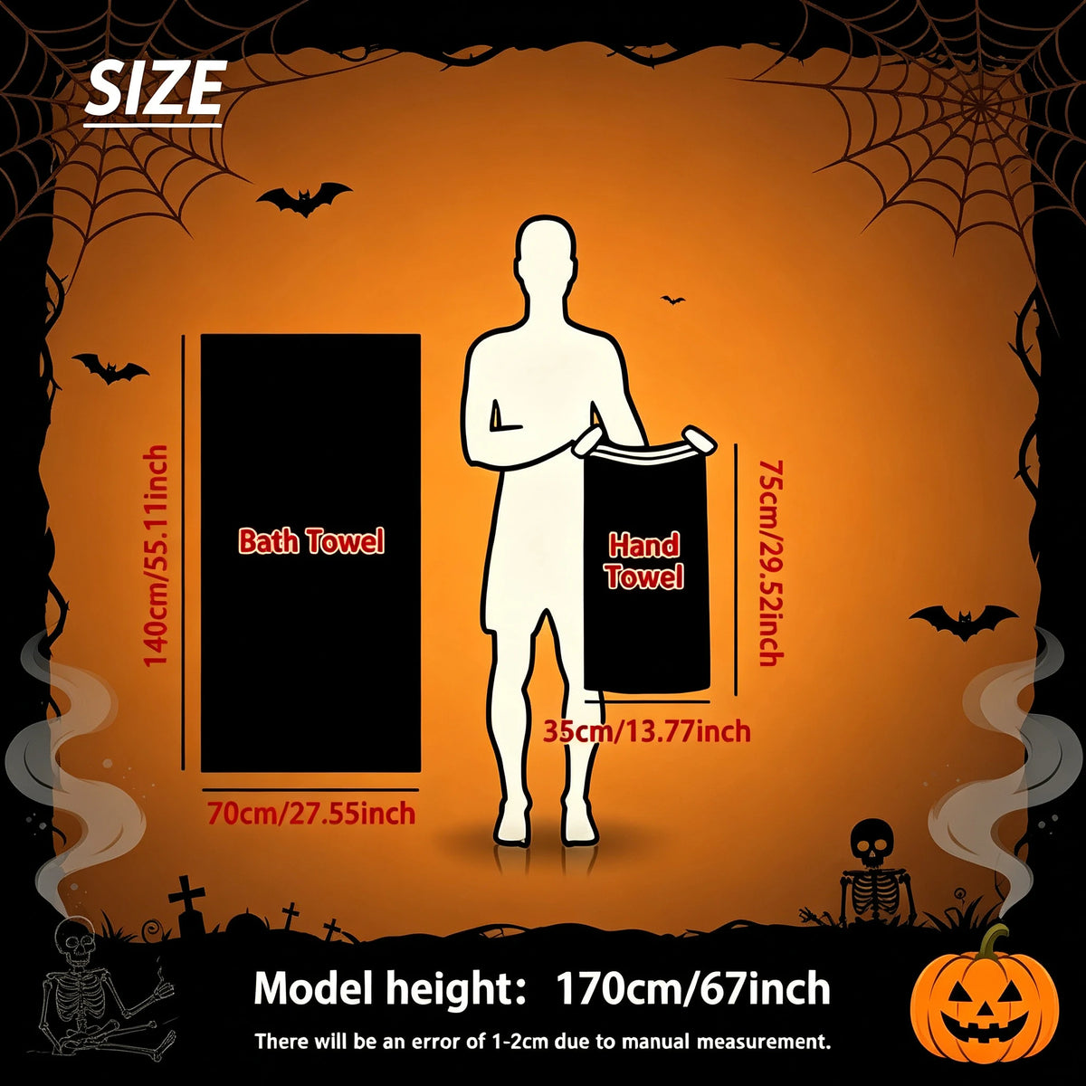 Halloween Themed Geometric Jacquard Towel Set, 100% Cotton Soft Highly Absorbent Bathroom Towels, Bath Towel & Hand Towel 3 Pack