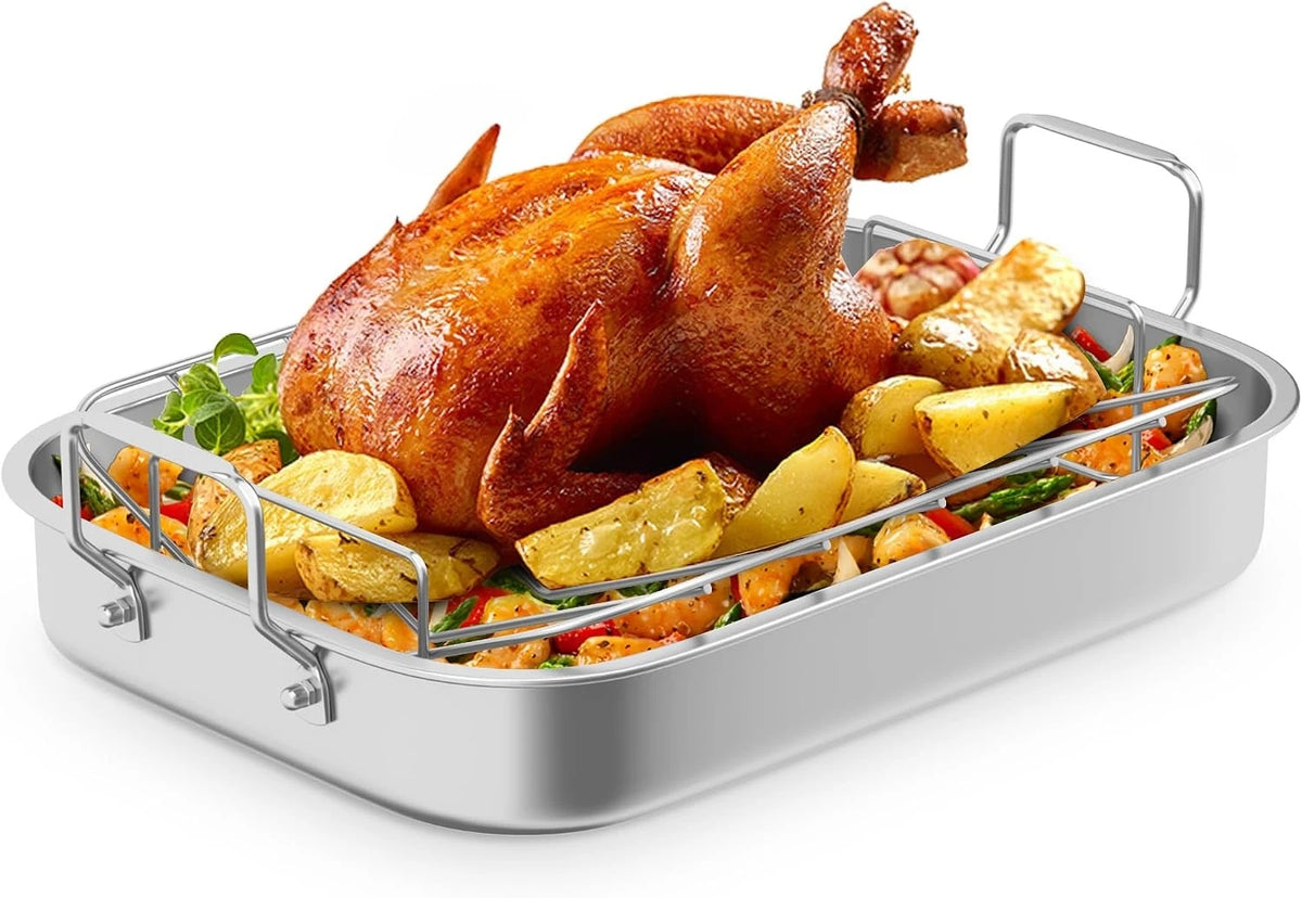 15.6'' Roasting Pan With V-Shaped Rack, Heavy Duty Non-Stick Stainless Steel Roaster For Turkey, Lasagna Pan With Handles