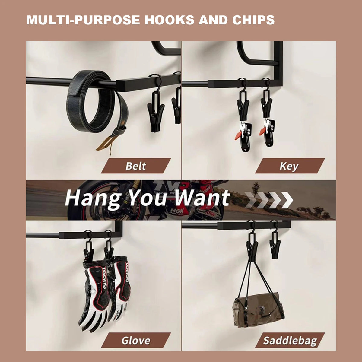 Motorcycle Helmet Holder, Wall-Mounted Rack With 4 Glove Chips & Hooks, Bike Helmets Storage Organizer For Helmets Gear Clothes