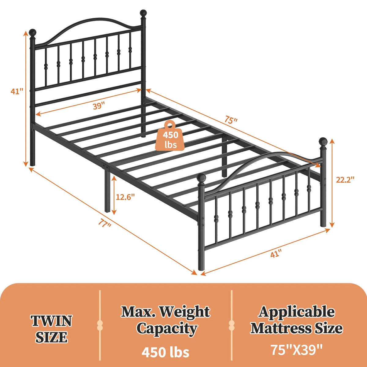 Twin Full Queen King Victorian Metal Bed Frame With Headboard Footboard, Steel Slats, 12.6in Underbed Storage, No Box Spring Needed