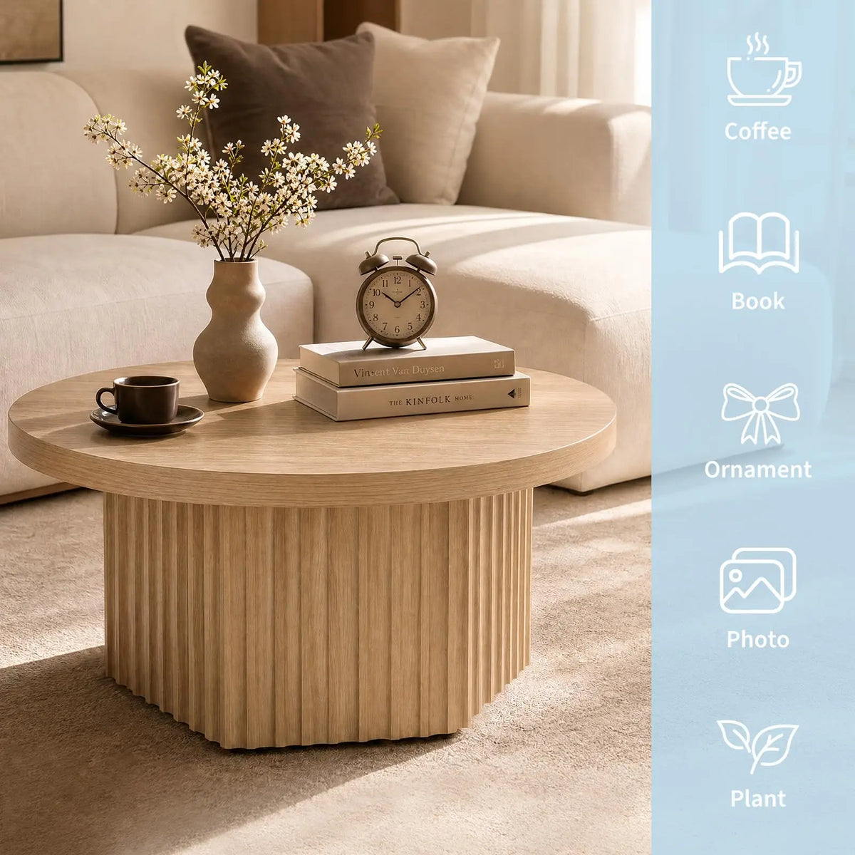 HiMISS Round Fluted Drum Coffee Table Modern Wood Pedestal