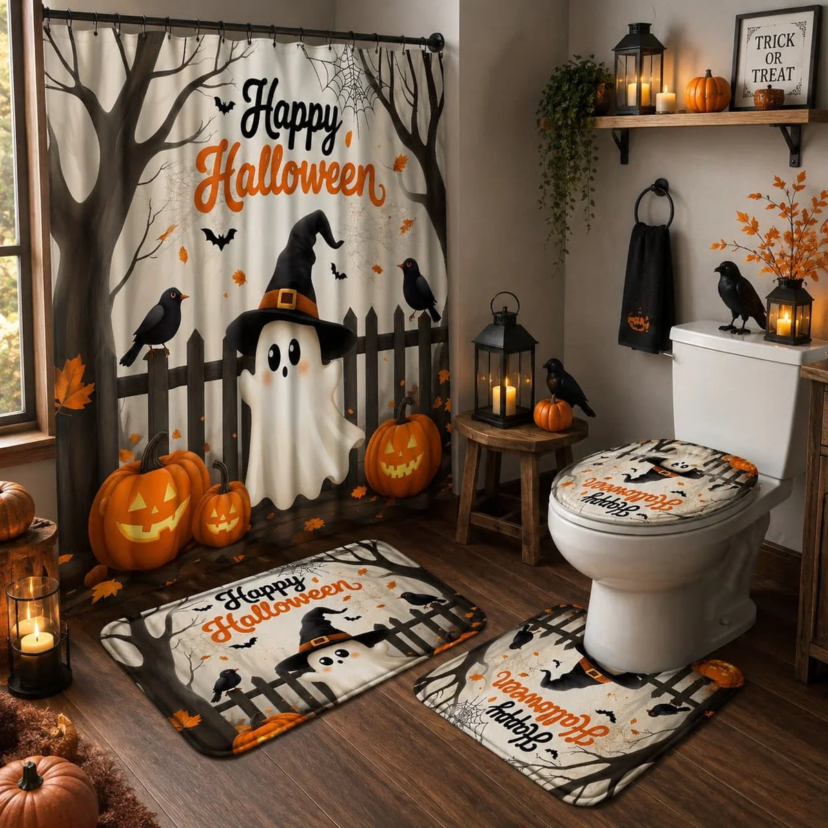 4pcs Halloween-Themed Shower Curtain Set Featuring Adorable Ghost Designs, Complete with Spooky Cartoon Ghosts, Bats, Pumpkins, And a Crow.This Fabric Shower Curtain Comes with a And 12 Hooks, Perfect for Bathroom Decor And A