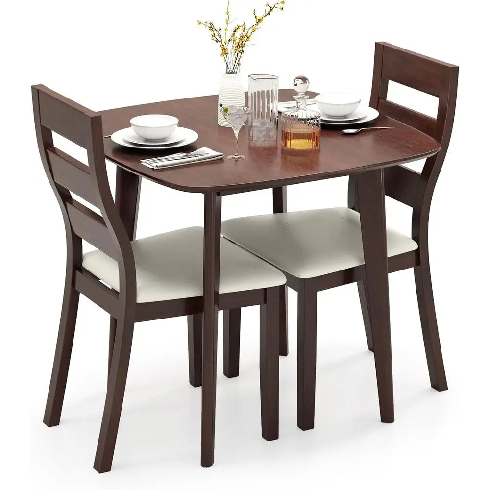 3-Piece Dining Table Set or 2, Wooden Square Kitchen Table and 2 Chairs with Padded Seat, Ladder Back, Space-Saving Dinette Set
