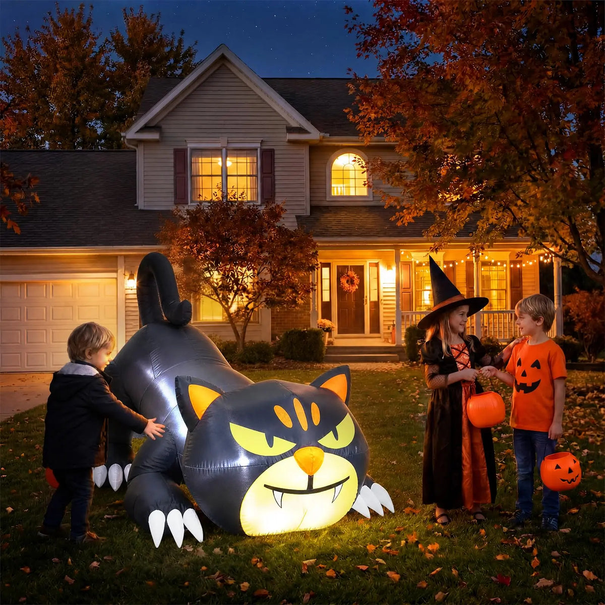 7ft Halloween Inflatable Crawling Black Cat Outdoor Yard Decor With 3 Led Lights, Blower, Stakes & Ropes For Lawn Garden Porch