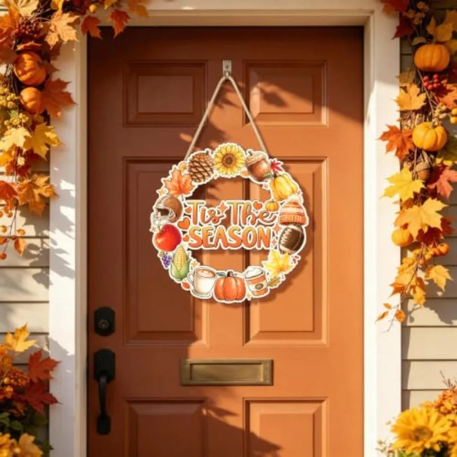 Fall Door Decor - Fall decorations Door Sign Thanksgiving Wreath for Front Door Hanger Tis the Season Autumn Hanging Sign Woode