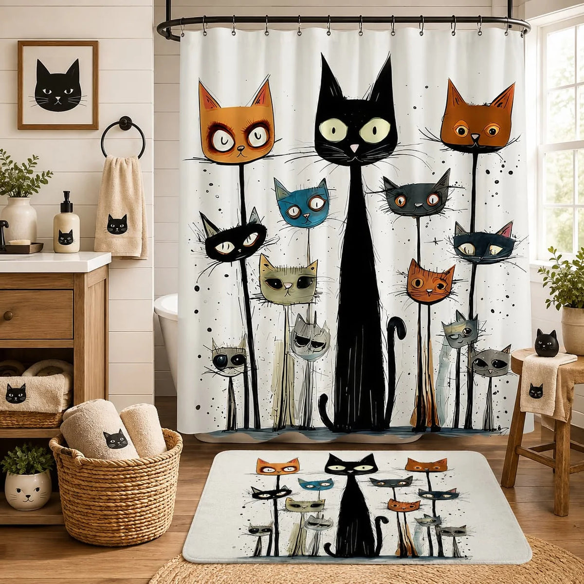 1pc Playful Cat Shower Curtain Durable Whimsical Cat Faces Print Shower Curtain with Hooks| Playful Black Cat Design, Machine Washable, Ideal for Bathroom Decor, All-Season Use