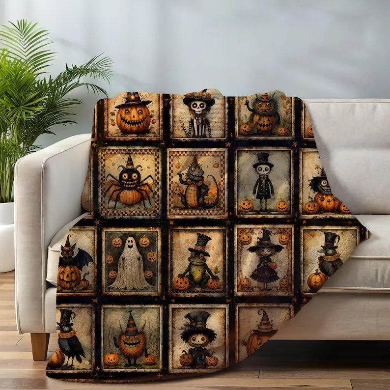 Spooky Vintage Halloween Patchwork Blanket |   Velveteen Plush Blanket